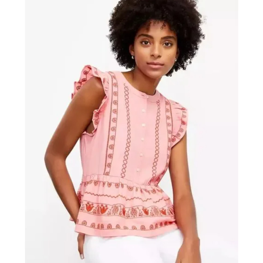 LOFT Floral Embroidered Henley Blouse Pink Peplum Ruffle Boho Feminine Size M